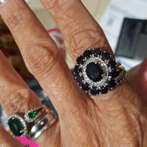 ARTHRITIC NUCKLE RING OPENS! MIDNIGHT SAPPHIRE CZ STERLING SILVER COCKTAIL RING